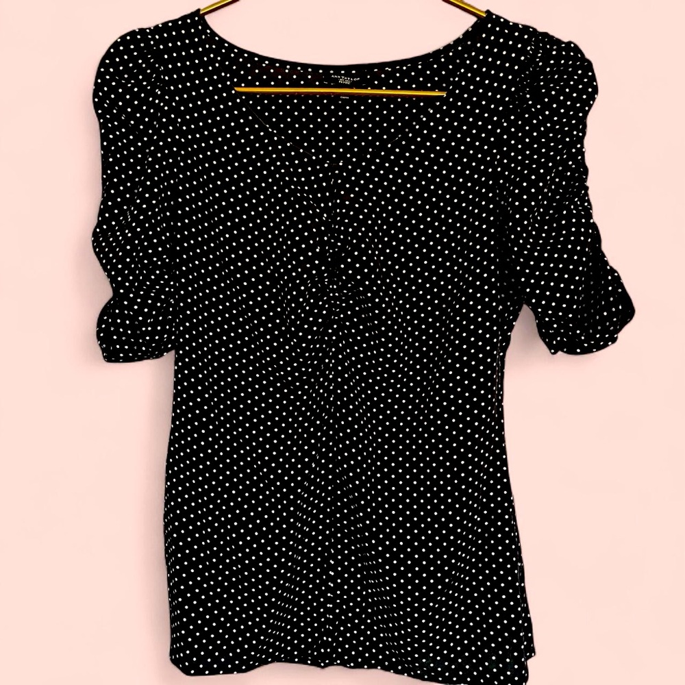ANN TAYLOR Silk Polka Dot Ruched Sleeve Sweetheart Neckline